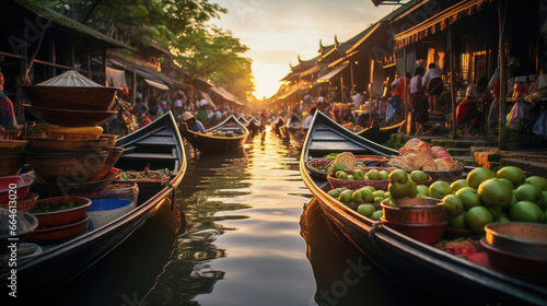 Vibrant Thai Floating Market at Dawn with Steaming Boat Noodle Soup Fresh Coconut Ice Cream and Colorful Mango Sticky Rice © javier