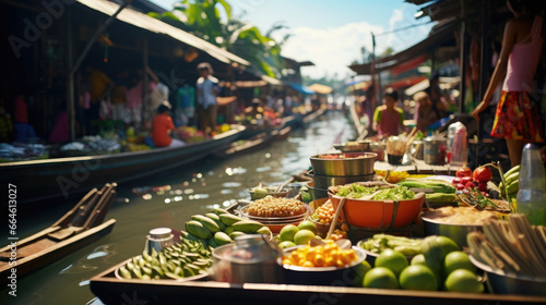 Bustling Thai Floating Market at Dawn with Vendors Crafting Steaming Boat Noodle Soup Fresh Coconut Ice Cream and Colorful Mango Sticky Rice © javier