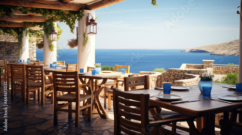 Charming Greek Seaside Taverna with Plates of Grilled Fish Moussaka and Greek Salad photo