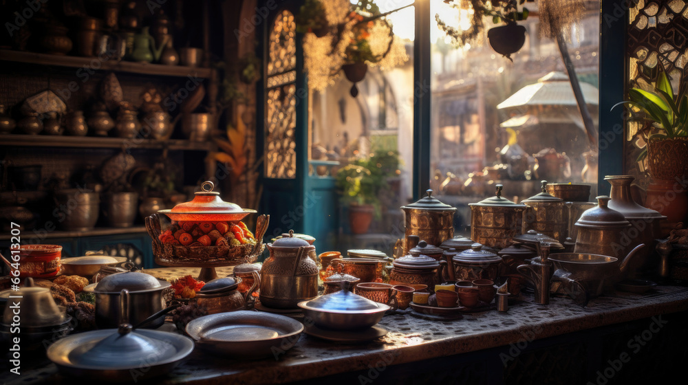 Moroccan Tea House at Sunset with Mint Tea and Tagines Moroccan Tea House at Sunset with Mint Tea and Tagines