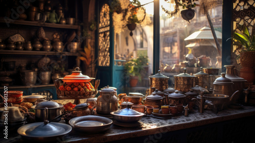 Moroccan Tea House at Sunset with Mint Tea and Tagines