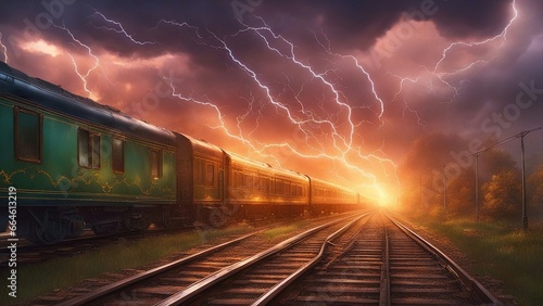 train at sunset, lightning striking the railway tracks