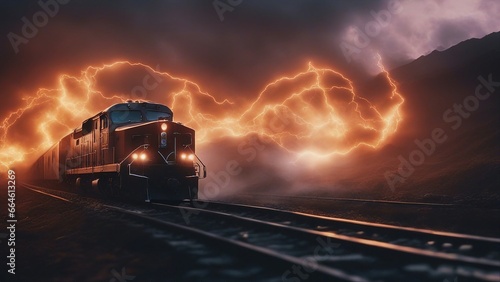 train in the night , with lightning sinister astral cosmic 