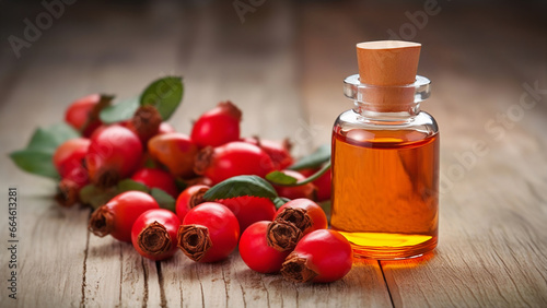 A radiant bottle of rosehip oil on rustic wooden surface, surrounded by fresh rosehips and leaves. Concept of natural skincare, herbal wellness solutions, beauty treatments and health practices