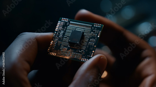 Hands holding a small computer chip, close-up