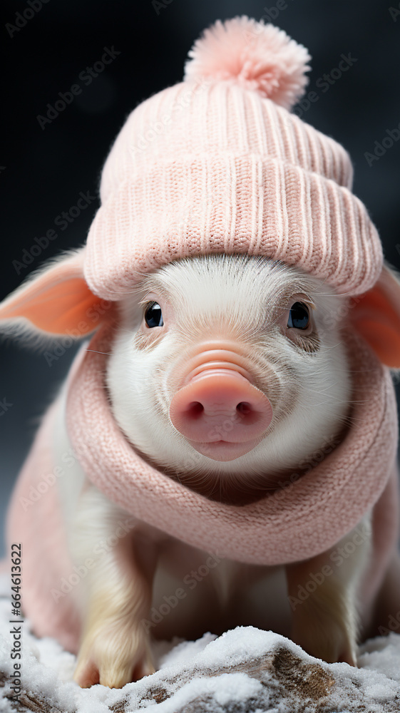 Cute little pig outside in the snow wearing a pink hat and scarf