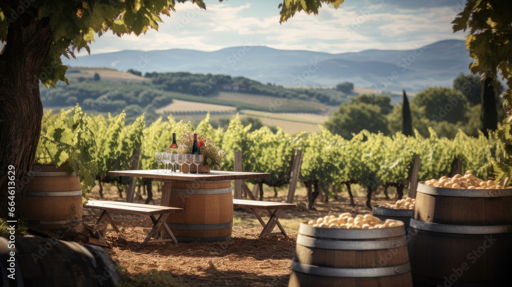 Enchanting French Vineyard with Grapevines and Wine Barrels Enchanting French Vineyard with Grapevines and Wine Barrels