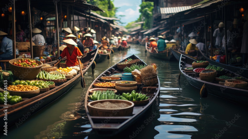 Obraz premium Colorful Thai Floating Market with Aromas of Lemongrass and Ginger