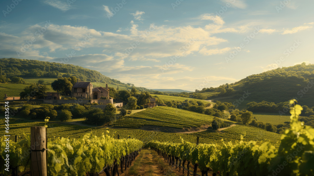 Serene French Vineyard with Grapevines and Cheese