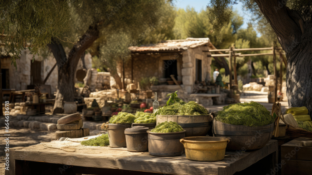 Fototapeta premium Inviting Greek Olive Oil Mill with Peppery Olive Oil and Briny Olives