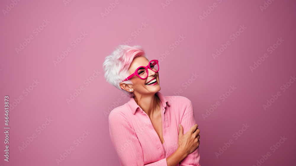 middle age woman with pink and grey hair smile in studio, 50s 60s senior  female laughing, skincare and beauty concept