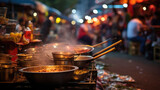 Thai Night Market with Vendors Grilling Satay