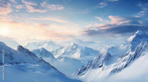 A snowy alpine landscape with gradients from icy blue to frosty white.