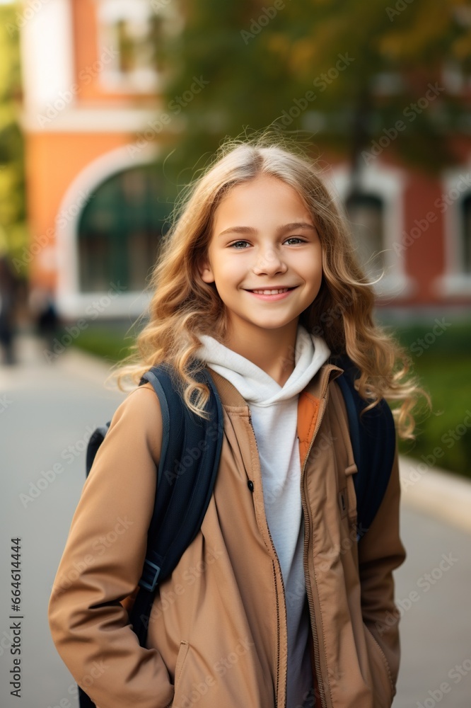 happy child with backpack at school, cheerful girl with bag, funny schoolgirl on street at sunset happy child with backpack at school, cheerful girl with bag, funny schoolgirl on street at sunset