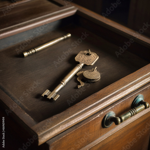 An old bronze key in a desk drawer