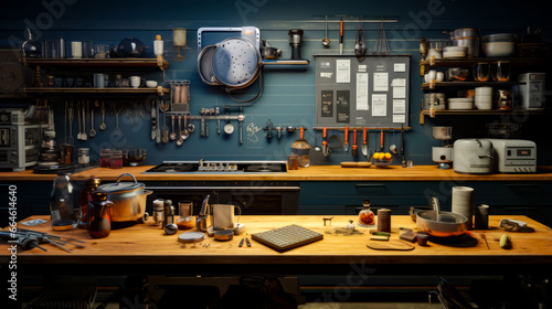 Kitchen with lot of pots and pans hanging on the wall.