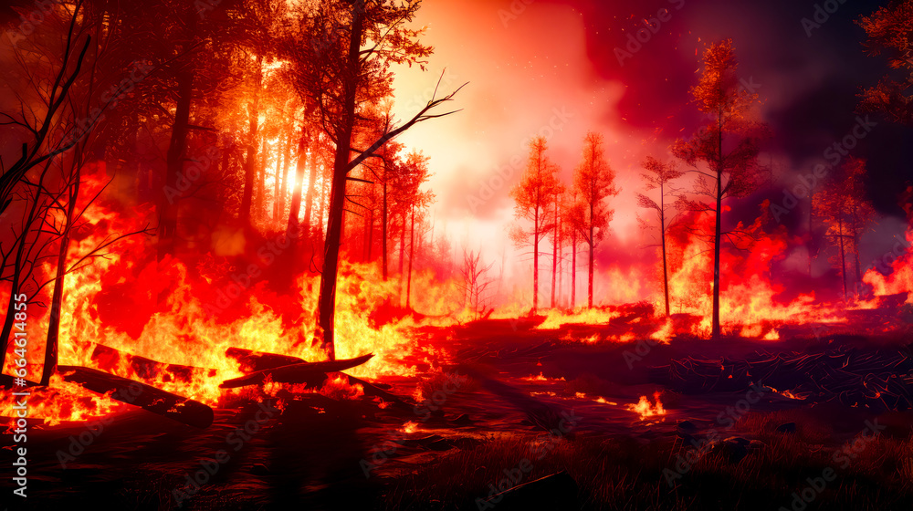 Fire blazing through forest filled with lots of red and yellow flames.