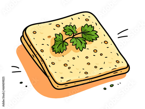 Doodle Matzah with parsley, cartoon sticker, sketch, vector, Illustration, minimalistic