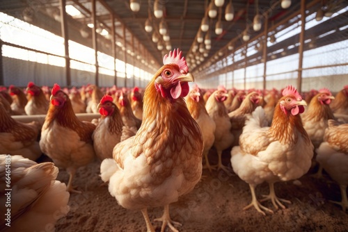 Noisy Chicken livestock farm. Rural bird chick. Generate Ai