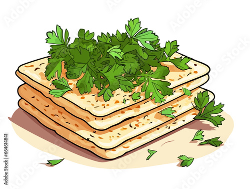 Doodle Matzah with parsley, cartoon sticker, sketch, vector, Illustration, minimalistic