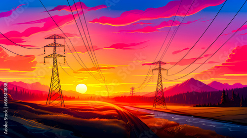 Painting of sunset with power lines in the foreground and mountains in the background.