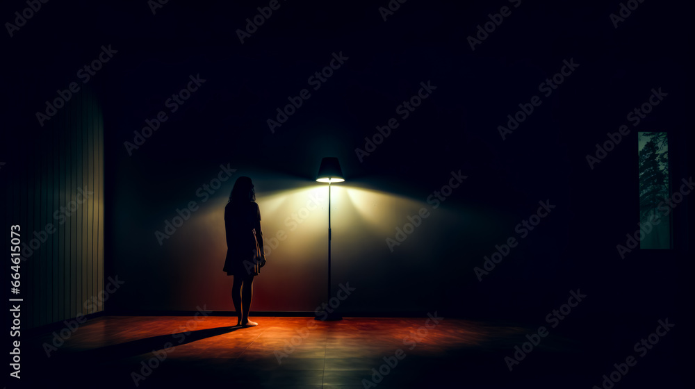Woman standing in front of lamp in dark room at night. Woman standing in front of lamp in dark room at night.