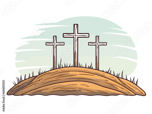 Doodle Three crosses on hill, cartoon sticker, sketch, vector, Illustration, minimalistic