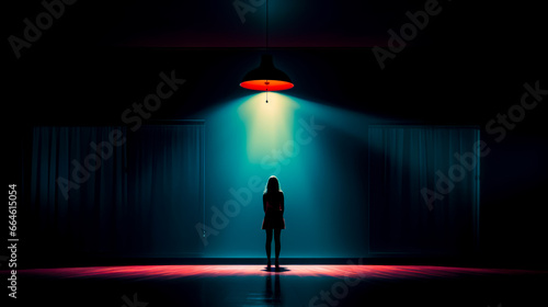 Woman standing in dark room with light on her head and lamp hanging from the ceiling. photo