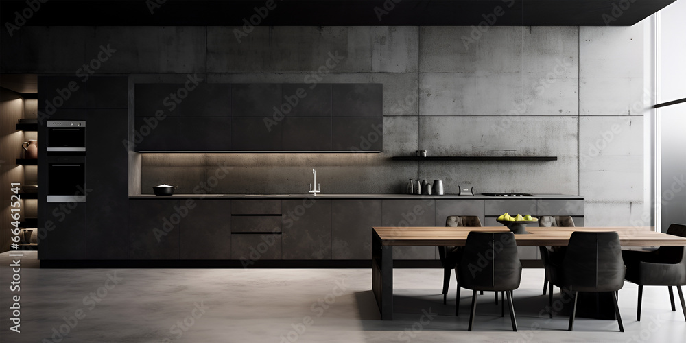 Modern interior design with grey concrete walls and white kitchen Modern interior design with grey concrete walls and white kitchen