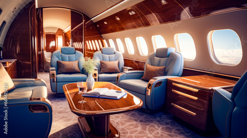 The inside of airplane with table, chairs, and couches.