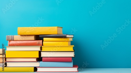 A stack of colorful books on a sunny yellow table.