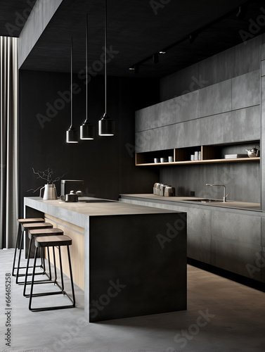 Modern interior design with grey concrete walls and white kitchen 