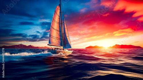 Sailboat in the middle of the ocean with sunset in the background.
