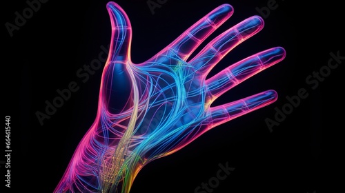 neon glowing human hand on black background, futuristic palm, in style of purple and blue