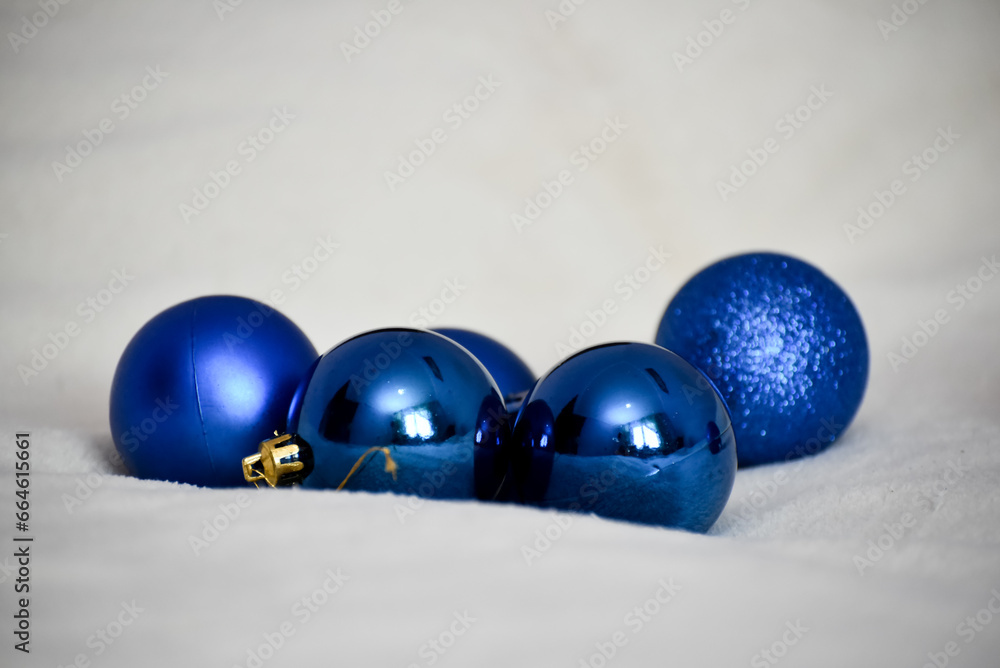 Blue christmas balls on white blanket , Chrismas decoration. New year time Blue christmas balls on white blanket , Chrismas decoration. New year time