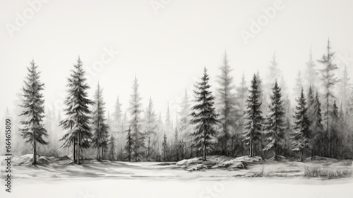 illustration of a winter forest drawn in pencil.