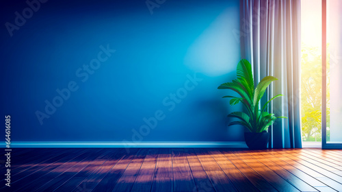 Room with blue wall and potted plant on the floor.