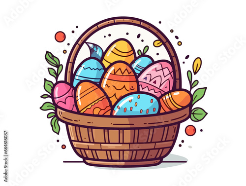 Doodle Easter basket with chocolates, cartoon sticker, sketch, vector, Illustration, minimalistic