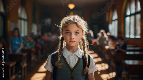 Wallpaper Mural portrait of a schoolchild, girl wearing a school uniform, blonde hair braided braids, looking at camera Torontodigital.ca