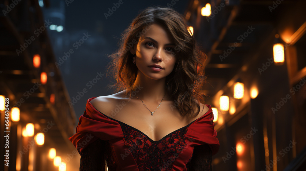 beautiful woman in red dress with smoke on dark background