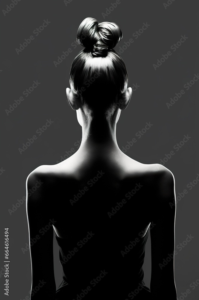 studio fashion portrait of beautiful young woman with trendy hairstyle, in style of black and white