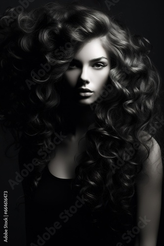 portrait of beautiful curly brunette woman, young elegant female with stylish hairstyle