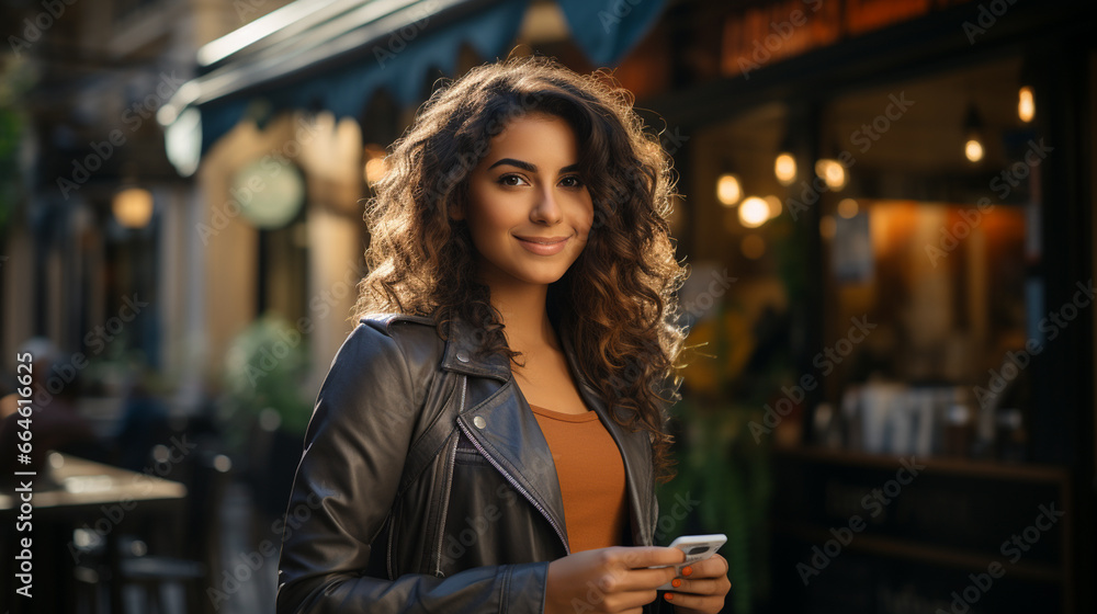 young beautiful woman with curly brown hair in stylish clothes and jeans using a smartphone in a city young beautiful woman with curly brown hair in stylish clothes and jeans using a smartphone in a city