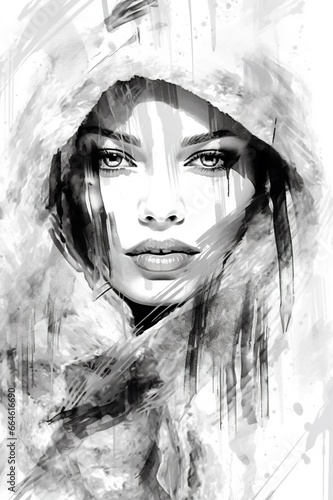 portrait of beautiful fashionable woman, black and white sketch illustration