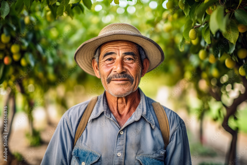 Farmer worker, man working in orchard fruit garden. Generative AI