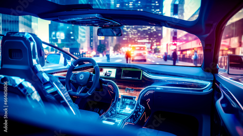 The interior of car with city street in the background at night.