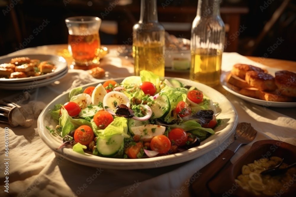 Salad with Beer on Table