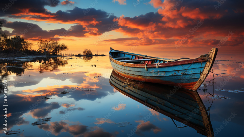 boat floating in the water at sunset