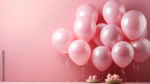 
 bunch of round pink ballons framing copy space against pink background
 photo