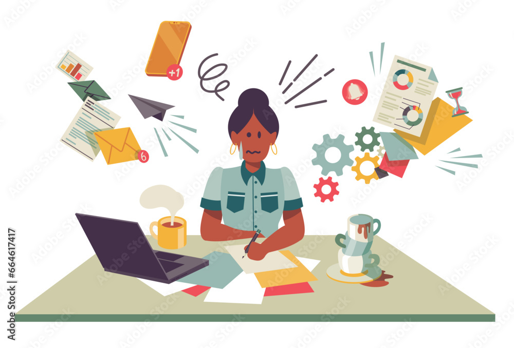 A woman working at her desk. Vector illustration of burnout; stress and anxiety at work. Separated items on a white background.